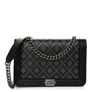 Chanel Calfskin Crystal Studded Quilted Boy Wallet On Chain WOC Black