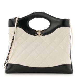 Chanel Shiny Crumpled Calfskin Quilted Small 31 Shopping Bag White Black