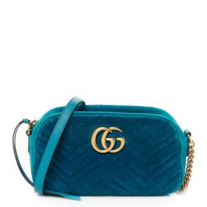 Gucci Velvet Matelasse Small GG Marmont Chain Shoulder Bag Pavone Cyan