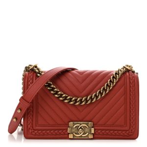 Chanel Caviar Chevron Quilted Braided Small Boy Flap Red