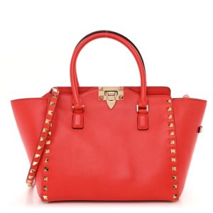 Valentino Garavani Vitello Small Rockstud Double Handle Tote Deep Orange