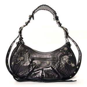 Balenciaga Metallic Calfskin Crocodile Embossed Crystal Small Le Cagole Shoulder Bag Gunmetal