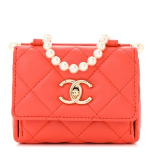 Chanel Lambskin Pearl Quilted Flap Clutch With Chain Coral