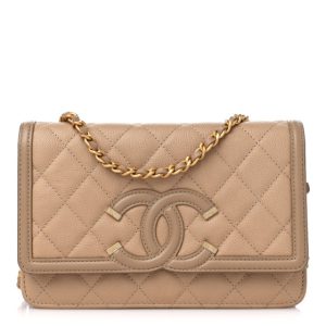 Chanel Caviar Quilted CC Filigree Wallet On Chain WOC Beige