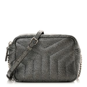 Saint Laurent Metallic Grain De Poudre Y Quilted Monogram Mini Loulou Camera Bag Gun Metal