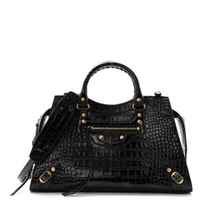 Balenciaga Shiny Supple Calfskin Crocodile Embossed Brass Hardware Neo Classic City Black