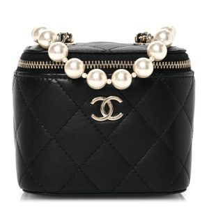 Chanel Lambskin Quilted Mini Vanity Case With Pearl Chain Black