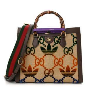 Gucci X ADIDAS Textured Dollar Calfskin Jumbo GG Textured Web Trefoil Logo Medium Diana Tote Bag Beige Brown Multicolor