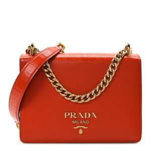 Prada Saffiano Vernice Chain Shoulder Bag Arancio