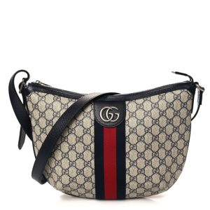 Gucci GG Supreme Monogram Textured Dollar Calfskin Web Small Ophidia Half Moon Hobo Beige Blue