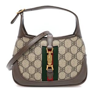 Gucci X BALENCIAGA BB Supreme Monogram Calfskin Web Mini Jackie 1961 Hobo Beige Ebony