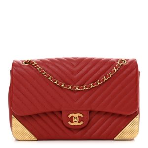 Chanel Calfskin Chevron Quilted Rock The Corner Flap Red