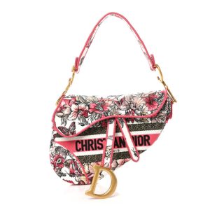 Christian Dior Canvas Embroidered Butterfly Print Saddle Bag Pink Multicolor