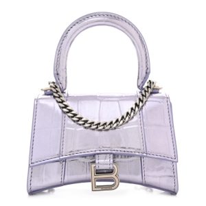 Balenciaga Metallic Calfskin Crocodile Embossed Hourglass Top Handle Bag Mini with Chain Lilac