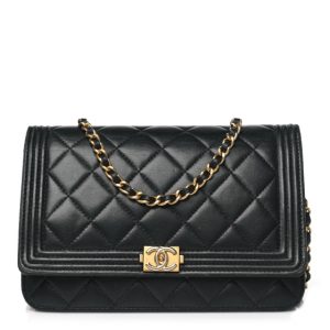Chanel Lambskin Quilted Boy Wallet On Chain WOC Black