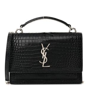 Saint Laurent Calfskin Crocodile Embossed Monogram Sunset Top Handle Chain Wallet Black