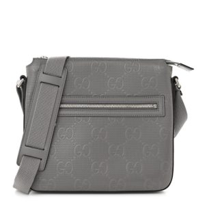 Gucci Calfskin GG Tennis Embossed Small Flat Messenger Bag Grey