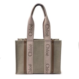 Chloe Linen Calfskin Medium Woody Ribbon Tote Blushy Beige