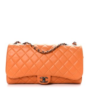 Chanel Lambskin Quilted Jumbo Grocery By Chanel Drawstring Shopping Bag Orange