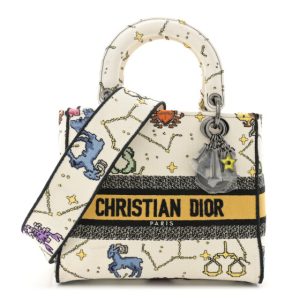 Christian Dior Canvas Pixel Zodiac Embroidered Medium Lady D-Lite Ecru Multicolor