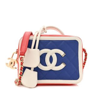 Chanel Caviar Quilted Small CC Filigree Vanity Case Blue White Red