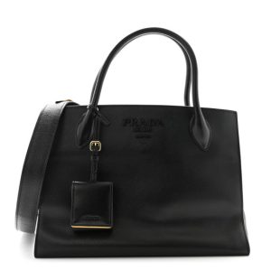Prada Saffiano Cuir Calfskin Medium Monochrome Top Handle Tote Black