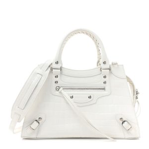 Balenciaga Semi Shiny Calfskin Crocodile Embossed Neo Classic Silver Hardware S City White