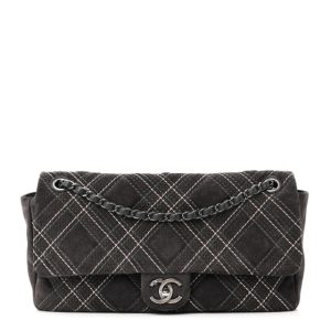 Chanel Suede Stitched Jumbo Saltire Single Flap Grey
