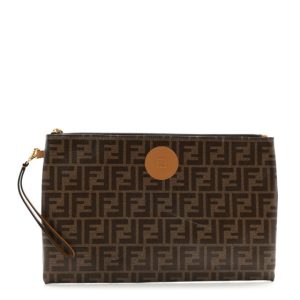 Fendi Glazed Fabric Vitello Century FF 1974 Stamp Patch Large Flat Pouch Mogano Panna Caramello