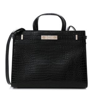 Saint Laurent Shiny Calfskin Crocodile Embossed Small Manhattan Shopper Tote Black