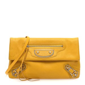 Balenciaga Chevre Silver Metallic Edge Hardware Envelope Clutch Jaune Epi
