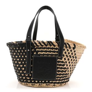 Loewe Raffia Calfskin Woven Basket Tote Bag Natural Black
