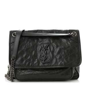 Saint Laurent Crinkled Calfskin Matelasse Monogram Medium Niki Chain Satchel Fog