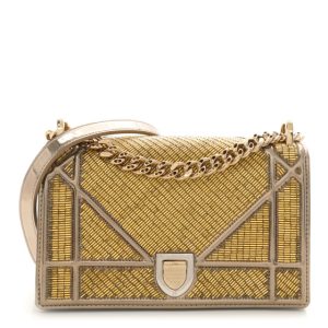 Christian Dior Metallic Calfskin Beaded Small Diorama Flap Bag Gold