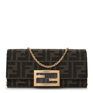 Fendi Fabric Jacquard FF 1974 Continental Wallet On Chain Tobacco Moro