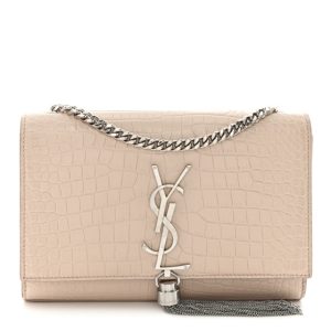 Saint Laurent Calfskin Crocodile Embossed Small Classic Monogram Kate Tassel Satchel Powder Pink