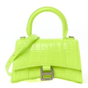 Balenciaga Shiny Calfskin Crocodile Embossed Hourglass Top Handle Bag XS Fluo Yellow