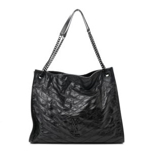 Saint Laurent Crinkled Calfskin Matelasse Monogram Large Niki Shopper Tote Black
