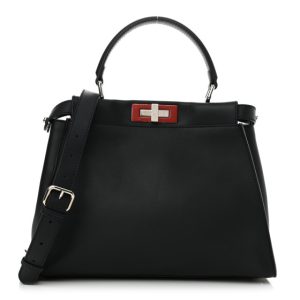 Fendi Vitello Seta Shiny Nappa Medium Peekaboo Iconic Satchel Blue Notte Ardesia