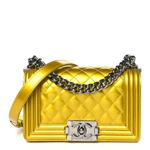 Chanel Metallic Patent Calfskin Quilted Small Boy Flap Yellow