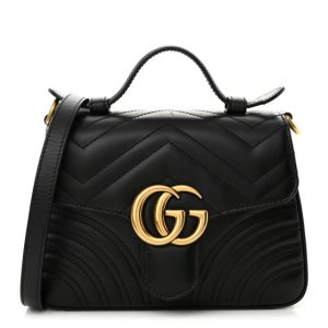 Gucci Calfskin Matelasse Small GG Marmont Top Handle Shoulder Bag Black