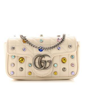 Gucci Calfskin Crystal Matelasse Aria Super Mini GG Marmont Shoulder Bag Mystic White Multicolor