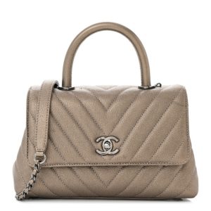 Chanel Metallic Caviar Chevron Quilted Mini Coco Handle Flap Light Gold