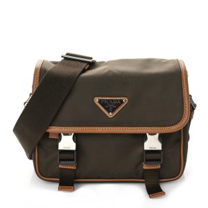 Prada Re-Nylon Saffiano Pocket Double Snap Buckle Shoulder Bag Bruciato Caramel