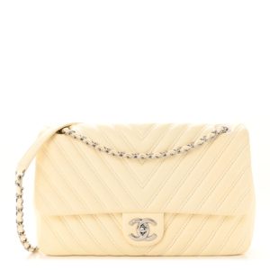 Chanel Lambskin Chevron Quilted Double Stitch Jumbo Single Flap White