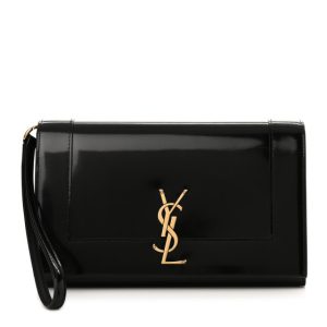 Saint Laurent Lambskin Patent Monogram Cassandre Clasp Flap Pouch Black