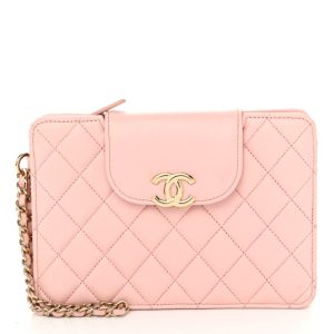Chanel Lambskin Quilted CC Pouch Wristlet Light Pink