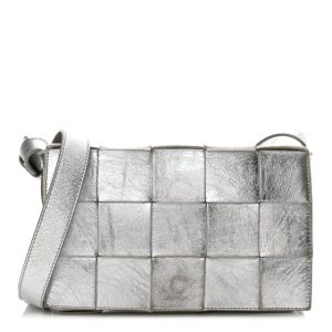 Bottega Veneta Metallic Lambskin Maxi Intrecciato Cassette Crossbody Bag Silver