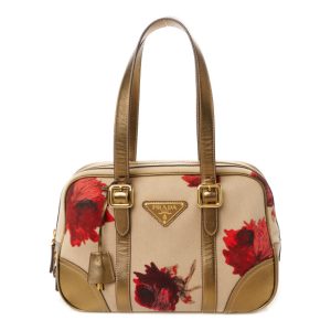 Prada Metallic Saffiano Canvas Rose Print Top Handle Bag Corda Rosso