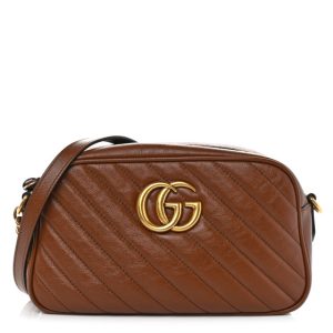 Gucci Glazed Calfskin Matelasse Diagonal Small GG Marmont Chain Shoulder Bag Cuir